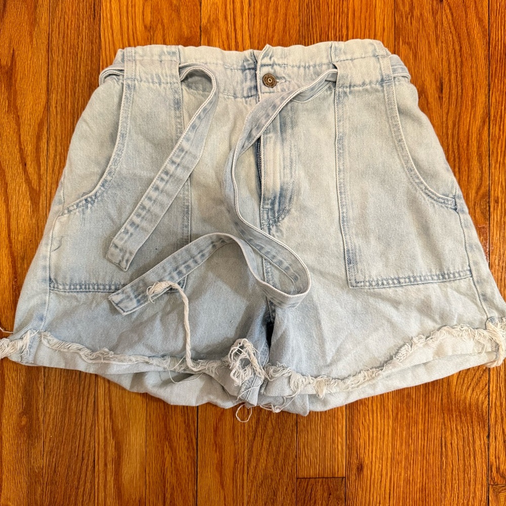 Zara High Waisted Distressed Paper Bag Denim Shorts